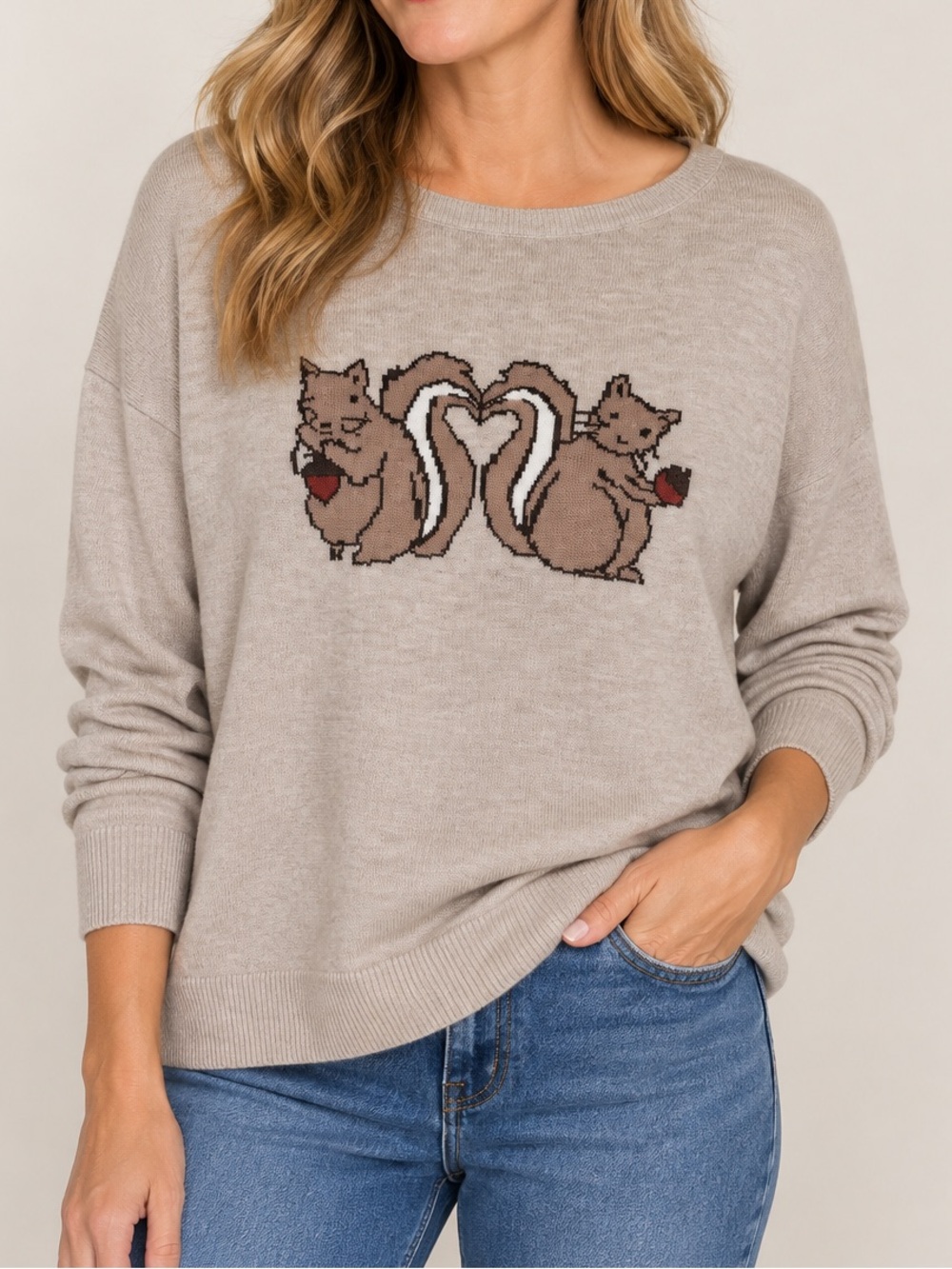LOFT Squirrel Heart Sweater XL Beige Tan Lightweight Knit Crewneck